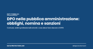 Grafica blu con il titolo DPO nella pubblica amministrazione su fondo pieno e il marchio Data Protection Law